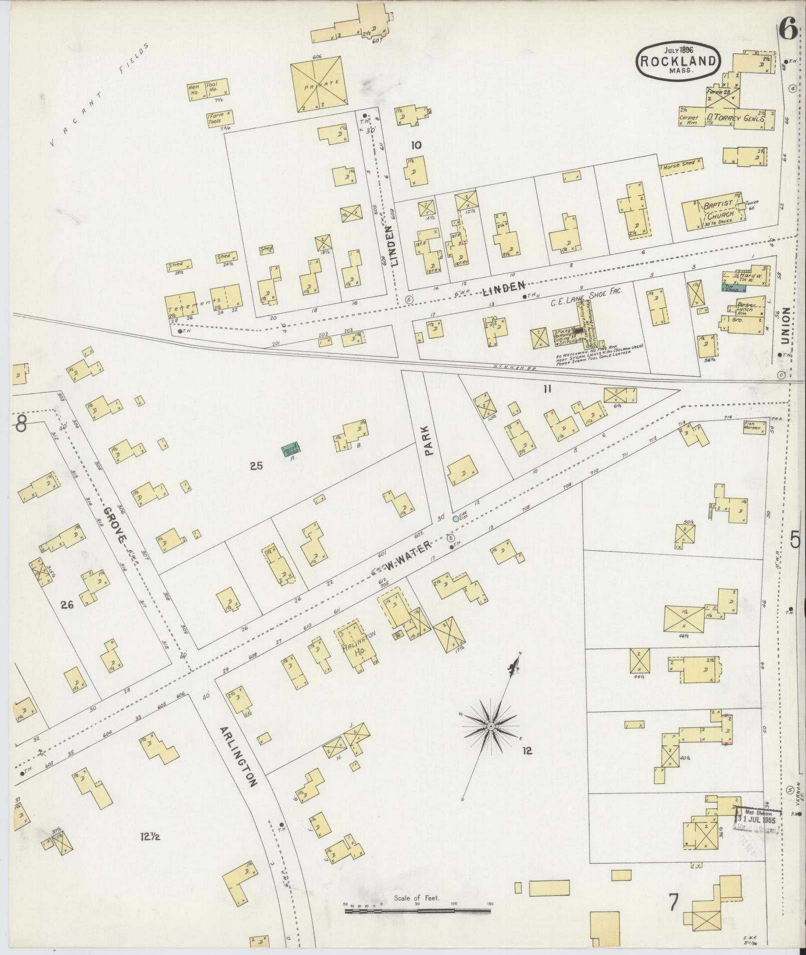 Sanborn Fire Insurance Map from Rockland, Plymouth County, Massachusetts (1896), Sheet #0006 - Complete Map Set gallery image, historic Sanborn map, vintage wall art, Massachusetts Massachusetts