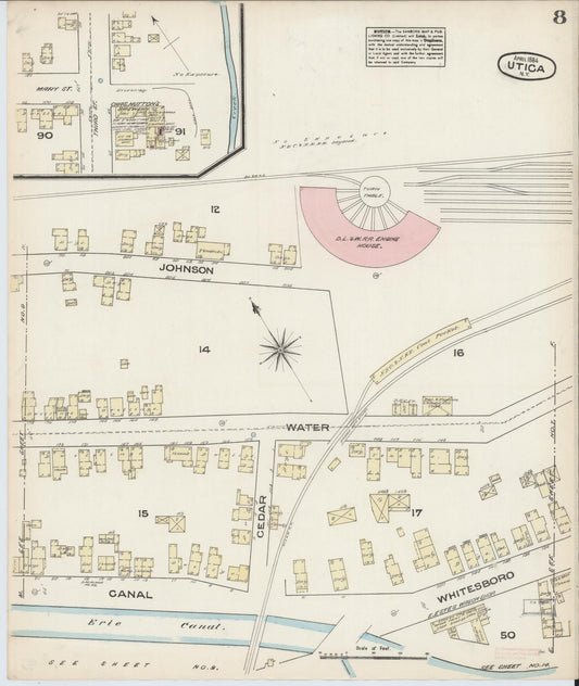 Sanborn Fire Insurance Map from Utica, Oneida County, New York (1884), Sheet #0008 - Historic Sanborn Fire Insurance Map Print, vintage old map wall art, antique decor, genealogy gift, New York New York map