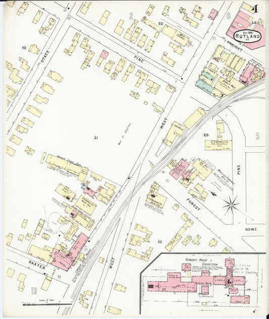 Sanborn Fire Insurance Map from Rutland, Rutland County, Vermont (1895), Sheet #0004 - Historic Sanborn Fire Insurance Map Print, vintage old map wall art, antique decor, genealogy gift, Vermont Vermont map