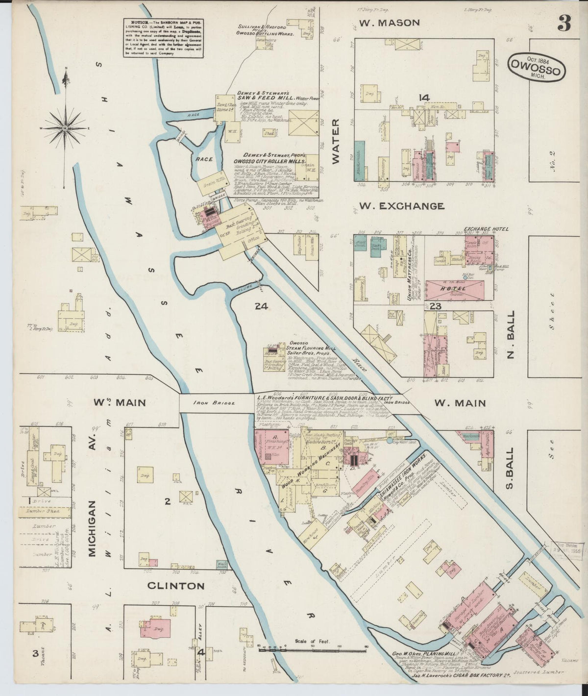 Sanborn Fire Insurance Map from Owosso, Shiawassee County, Michigan (1884), Sheet #0003 - Historic Sanborn Fire Insurance Map Print, vintage old map wall art, antique decor, genealogy gift, Michigan Michigan map