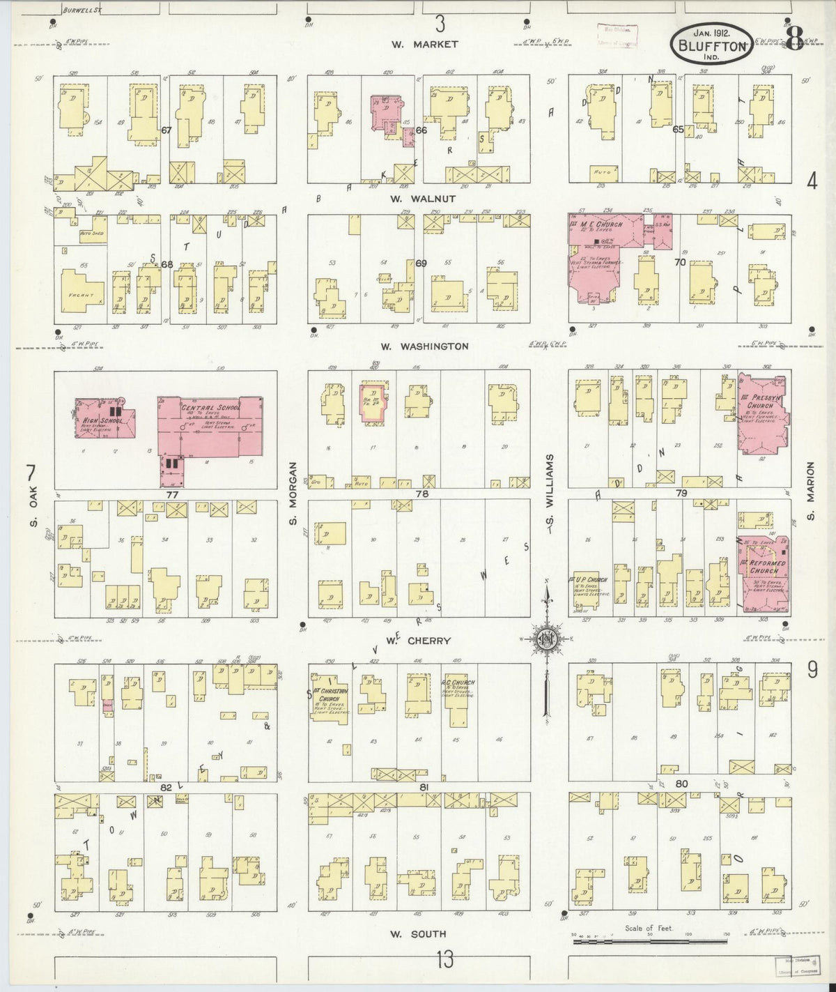 Sanborn Fire Insurance Map from Bluffton, Wells County, Indiana (1912), Sheet #0008 - Historic Sanborn Fire Insurance Map Print, vintage old map wall art, antique decor, genealogy gift, Indiana Indiana map