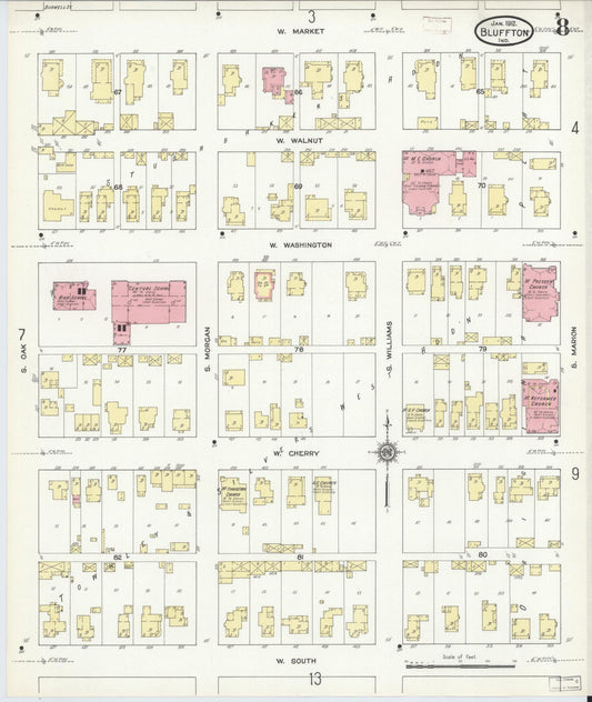 Sanborn Fire Insurance Map from Bluffton, Wells County, Indiana (1912), Sheet #0008 - Historic Sanborn Fire Insurance Map Print, vintage old map wall art, antique decor, genealogy gift, Indiana Indiana map