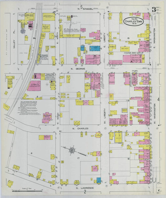 Sanborn Fire Insurance Map from Charles Town, Jefferson County, West Virginia (1913), Sheet #0003 - Historic Sanborn Fire Insurance Map Print, vintage old map wall art, antique decor, genealogy gift, West Virginia West Virginia map