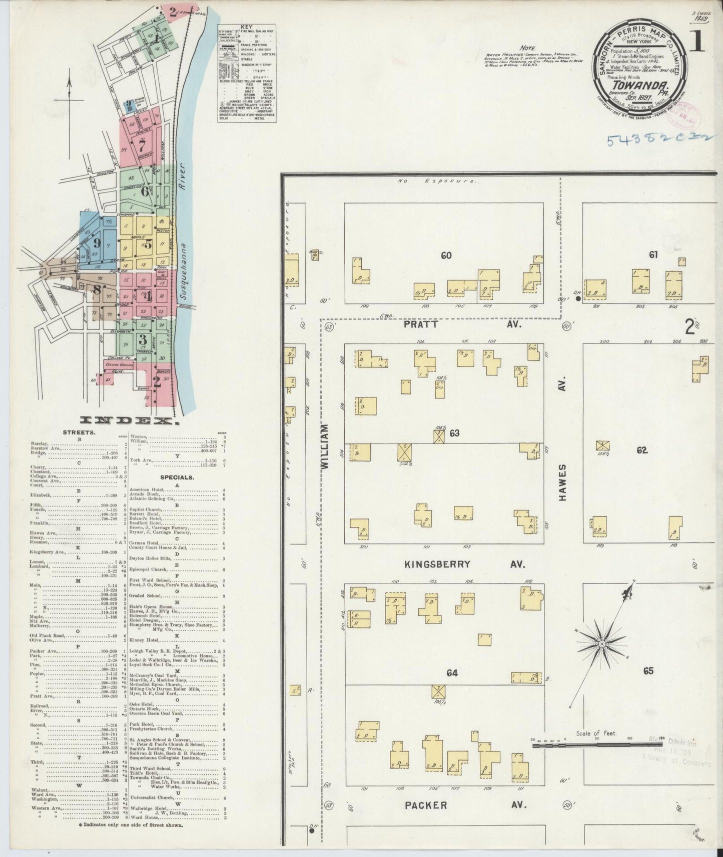Sanborn Fire Insurance Map from Towanda, Bradford County, Pennsylvania (1897), Sheet #0001 - Complete Map Set gallery image, historic Sanborn map, vintage wall art, Pennsylvania Pennsylvania