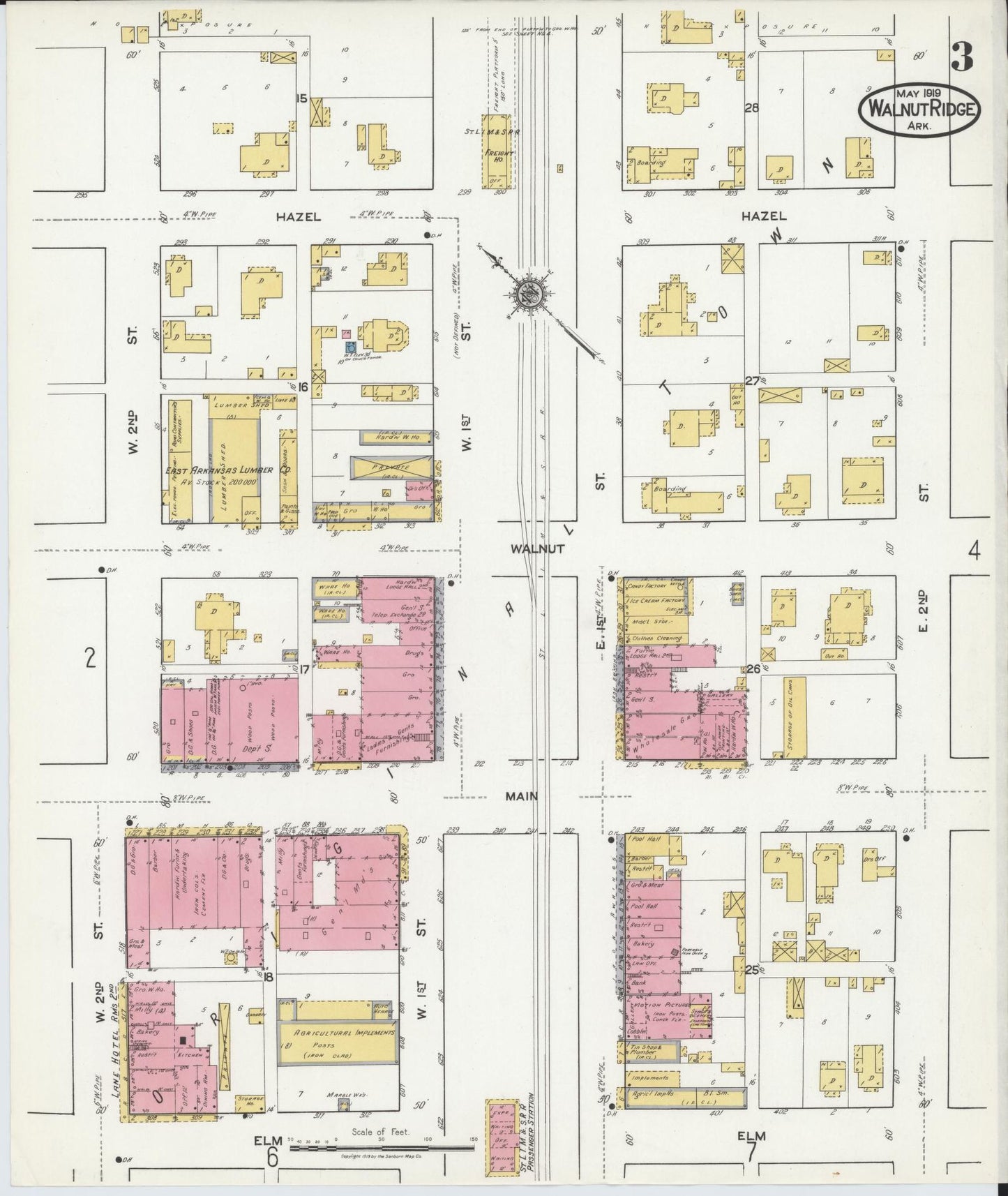 Sanborn Fire Insurance Map from Walnut Ridge, Lawrence County, Arkansas (1919), Sheet #0003 - Historic Sanborn Fire Insurance Map Print, vintage old map wall art, antique decor, genealogy gift, Arkansas Arkansas map