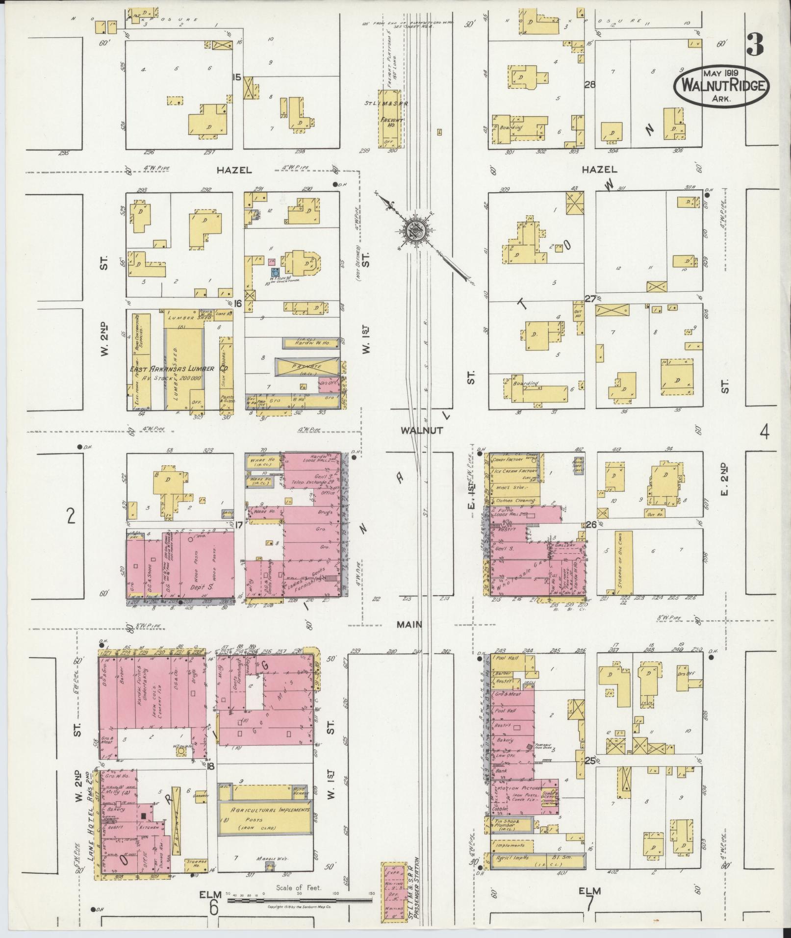 Sanborn Fire Insurance Map from Walnut Ridge, Lawrence County, Arkansas (1919), Sheet #0003 - Historic Sanborn Fire Insurance Map Print, vintage old map wall art, antique decor, genealogy gift, Arkansas Arkansas map