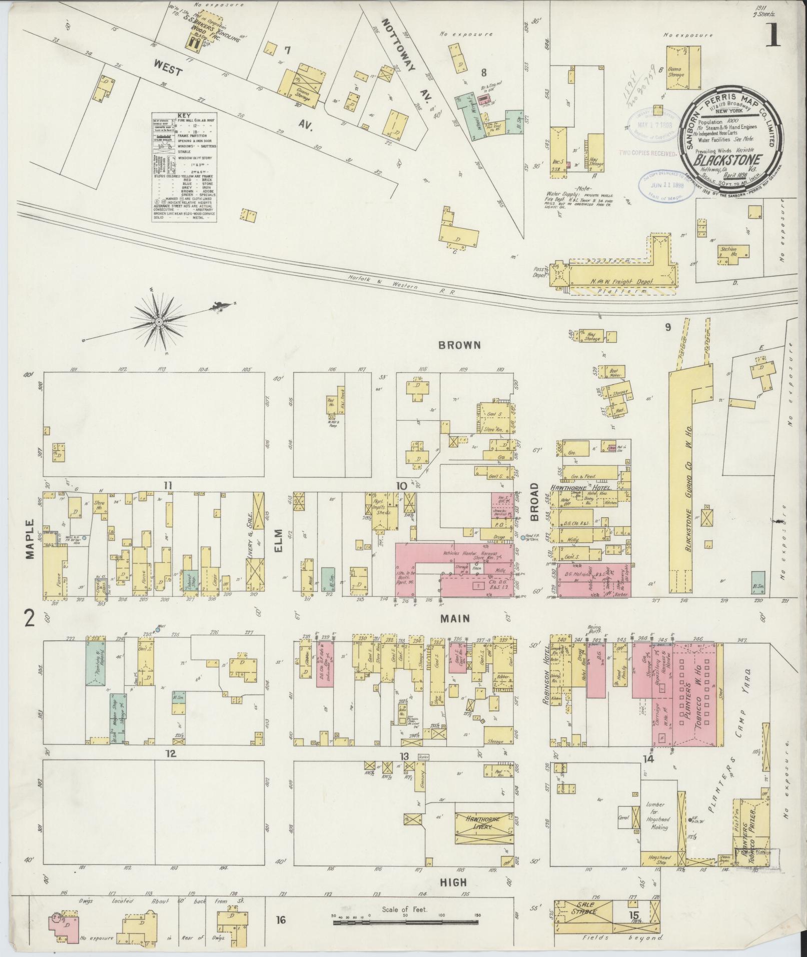 Sanborn Fire Insurance Map from Blackstone, Nottoway County, Virginia (1898), Sheet #0001 - Complete Map Set gallery image, historic Sanborn map, vintage wall art, Virginia Virginia