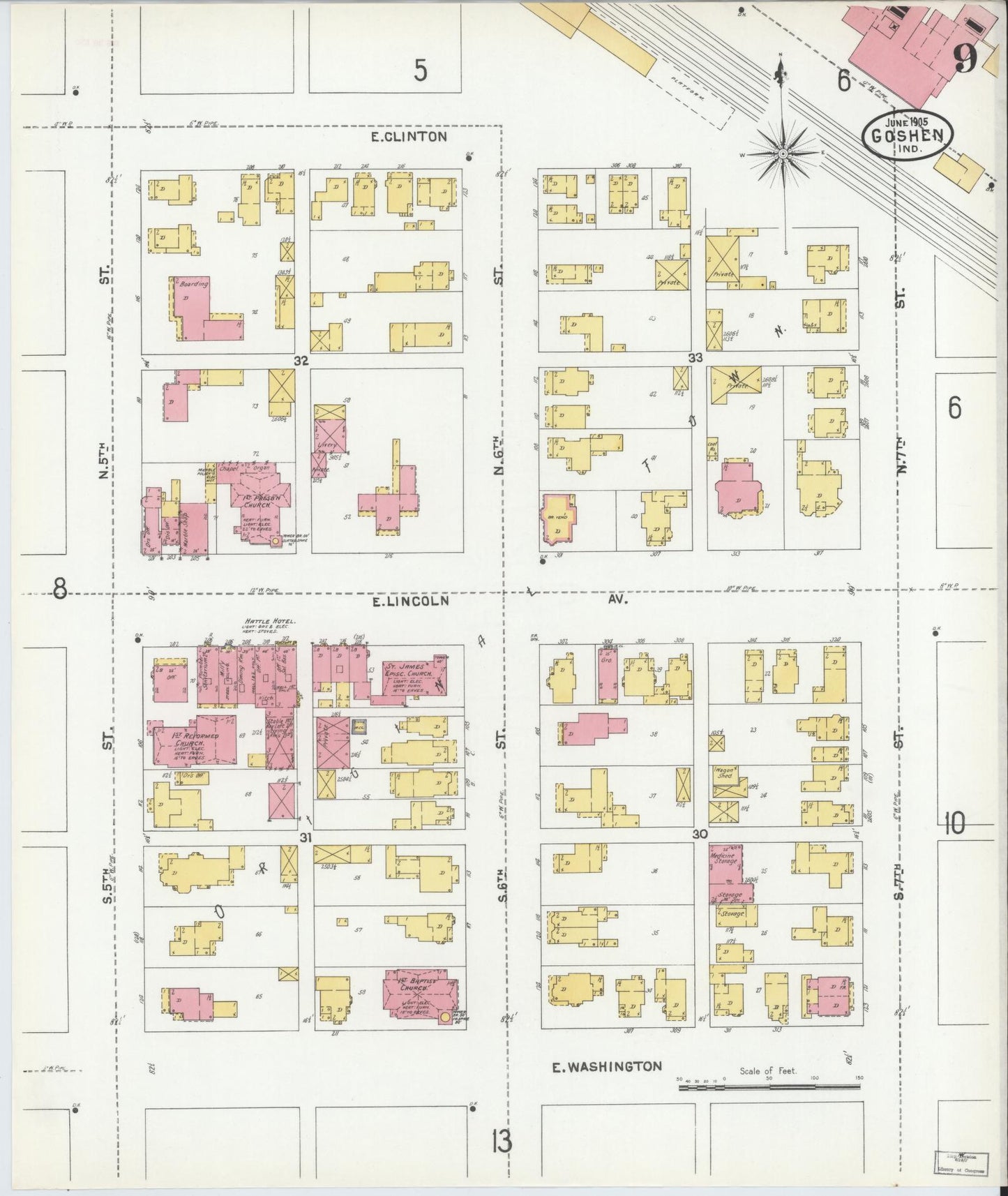 Sanborn Fire Insurance Map from Goshen, Elkhart County, Indiana (1905), Sheet #0009 - Complete Map Set gallery image, historic Sanborn map, vintage wall art, Indiana Indiana