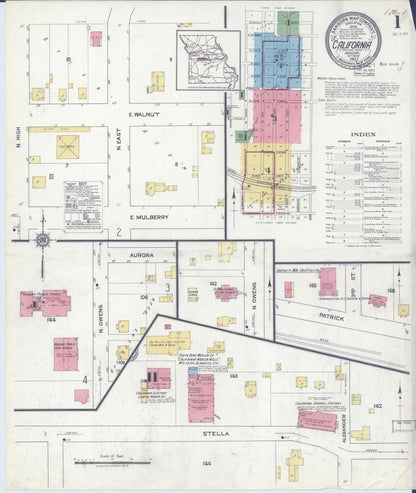 Sanborn Fire Insurance Map from California, Moniteau County, Missouri (1917), Sheet #0001 - Complete Map Set gallery image, historic Sanborn map, vintage wall art, Missouri Missouri