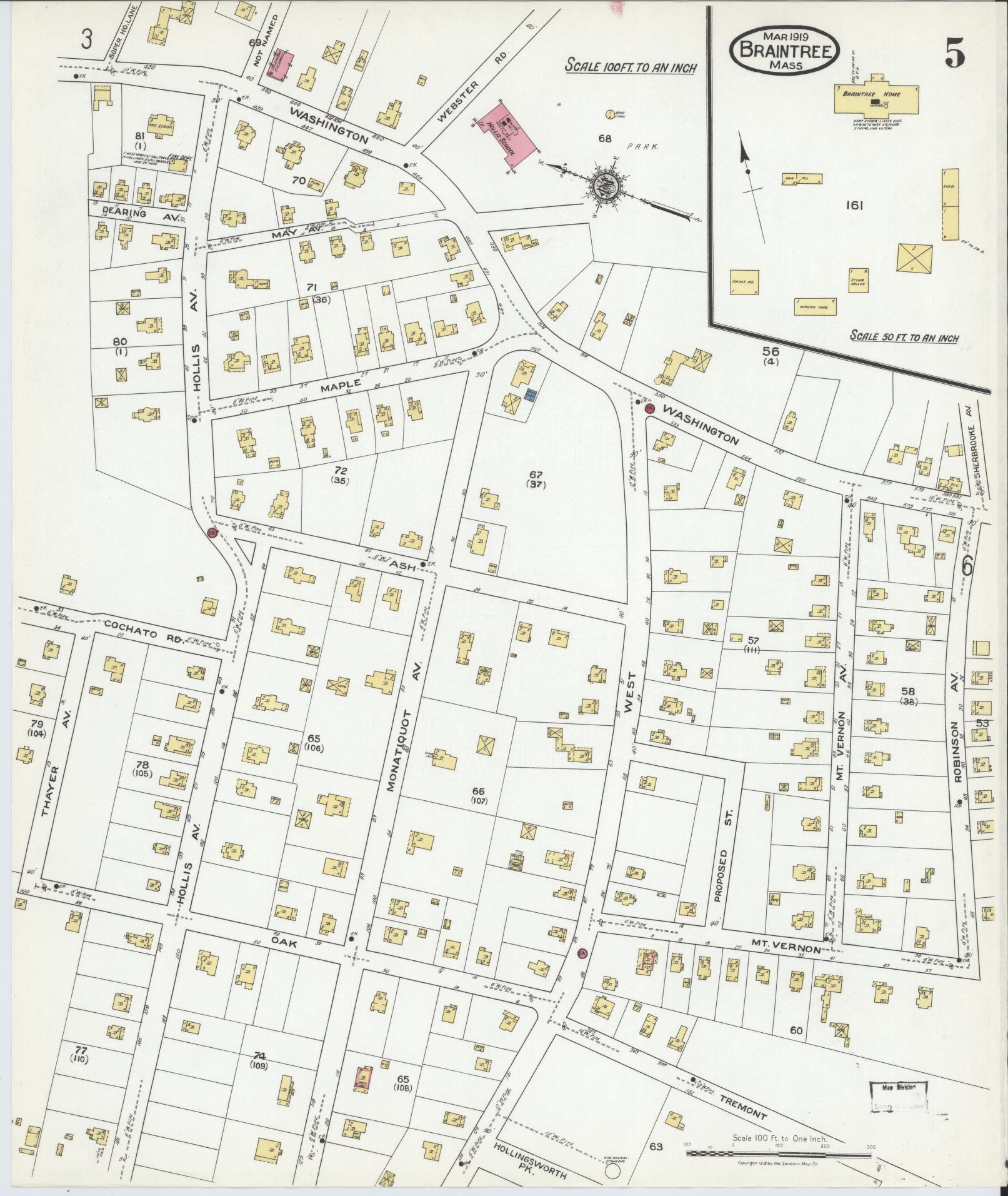 Sanborn Fire Insurance Map from Braintree, Norfolk County, Massachusetts (1919), Sheet #0005 - Historic Sanborn Fire Insurance Map Print, vintage old map wall art, antique decor, genealogy gift, Massachusetts Massachusetts map