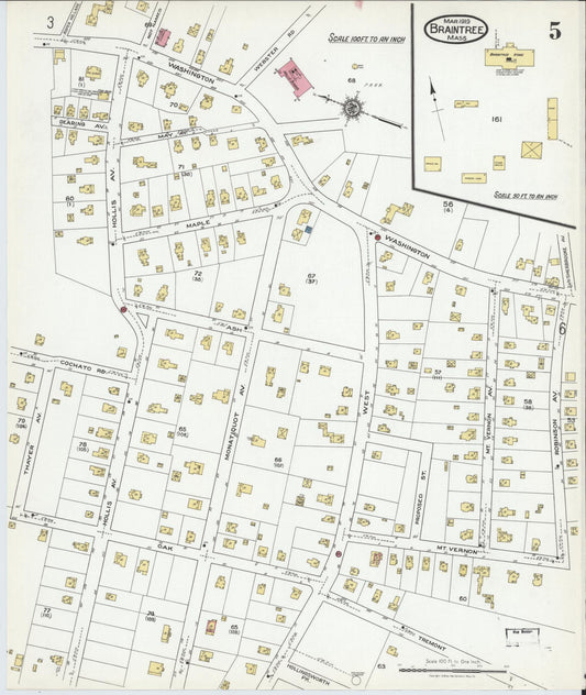 Sanborn Fire Insurance Map from Braintree, Norfolk County, Massachusetts (1919), Sheet #0005 - Historic Sanborn Fire Insurance Map Print, vintage old map wall art, antique decor, genealogy gift, Massachusetts Massachusetts map