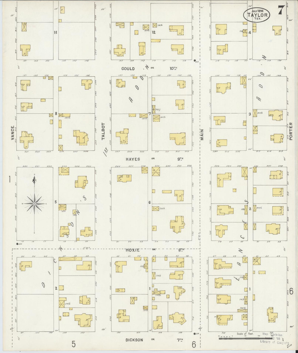 Sanborn Fire Insurance Map from Taylor, Williamson County, Texas (1898), Sheet #0007 - Historic Sanborn Fire Insurance Map Print, vintage old map wall art, antique decor, genealogy gift, Texas Texas map