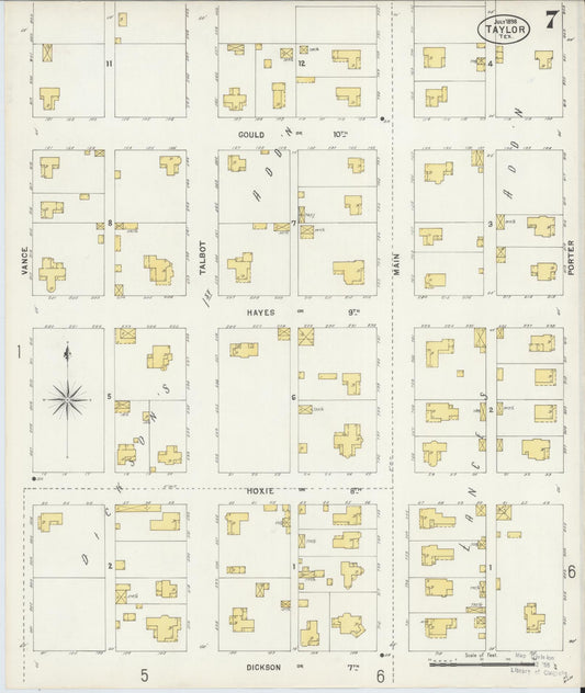 Sanborn Fire Insurance Map from Taylor, Williamson County, Texas (1898), Sheet #0007 - Historic Sanborn Fire Insurance Map Print, vintage old map wall art, antique decor, genealogy gift, Texas Texas map