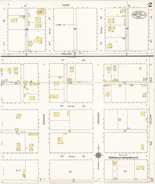 Sanborn Fire Insurance Map from Post Falls, Kootenai County, Idaho (1912), Sheet #0002 - Historic Sanborn Fire Insurance Map Print, vintage old map wall art, antique decor, genealogy gift, Idaho Idaho map
