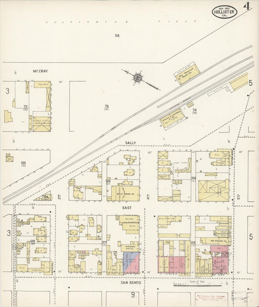 Sanborn Fire Insurance Map from Hollister, San Benito County, California (1910), Sheet #0004 - Historic Sanborn Fire Insurance Map Print, vintage old map wall art, antique decor, genealogy gift, California California map