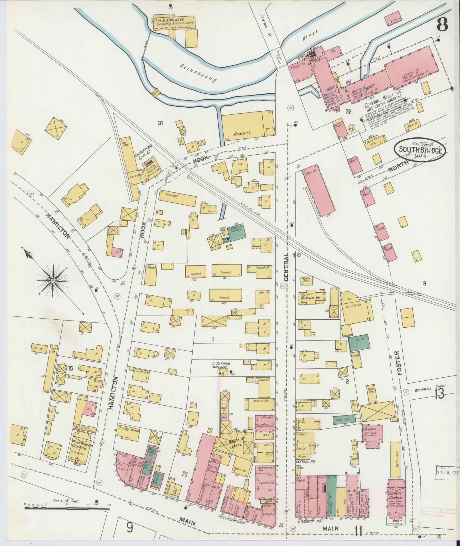 Sanborn Fire Insurance Map from Southbridge, Worcester County, Massachusetts (1904), Sheet #0008 - Historic Sanborn Fire Insurance Map Print, vintage old map wall art, antique decor, genealogy gift, Massachusetts Massachusetts map