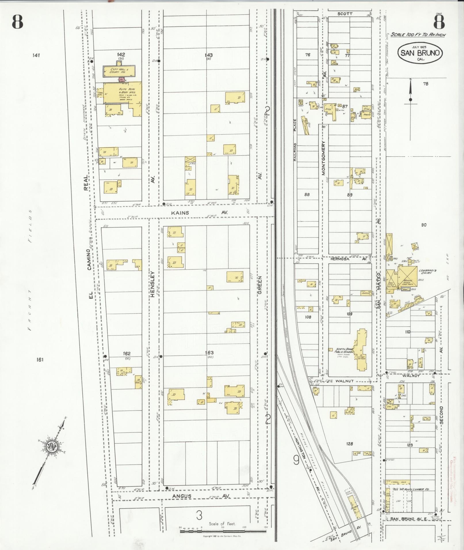 Sanborn Fire Insurance Map from San Bruno, San Mateo County, California (1925), Sheet #0008 - Complete Map Set gallery image, historic Sanborn map, vintage wall art, California California