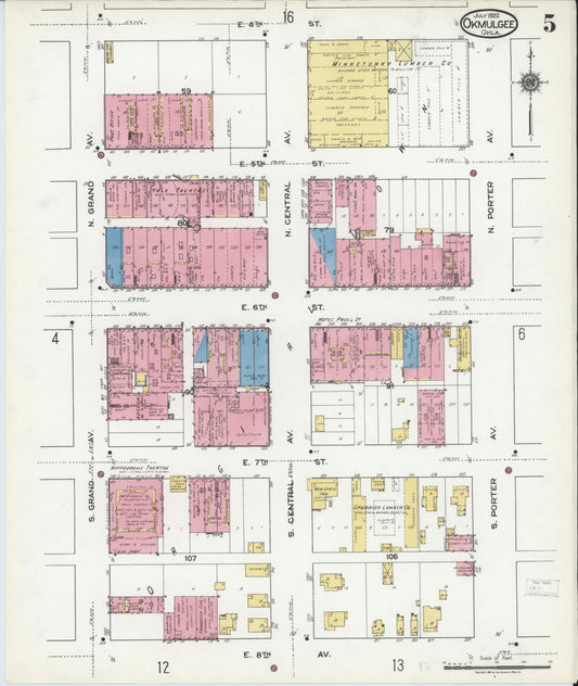 Sanborn Fire Insurance Map from Okmulgee, Okmulgee County, Oklahoma (1920), Sheet #0005 - Historic Sanborn Fire Insurance Map Print, vintage old map wall art, antique decor, genealogy gift, Oklahoma Oklahoma map