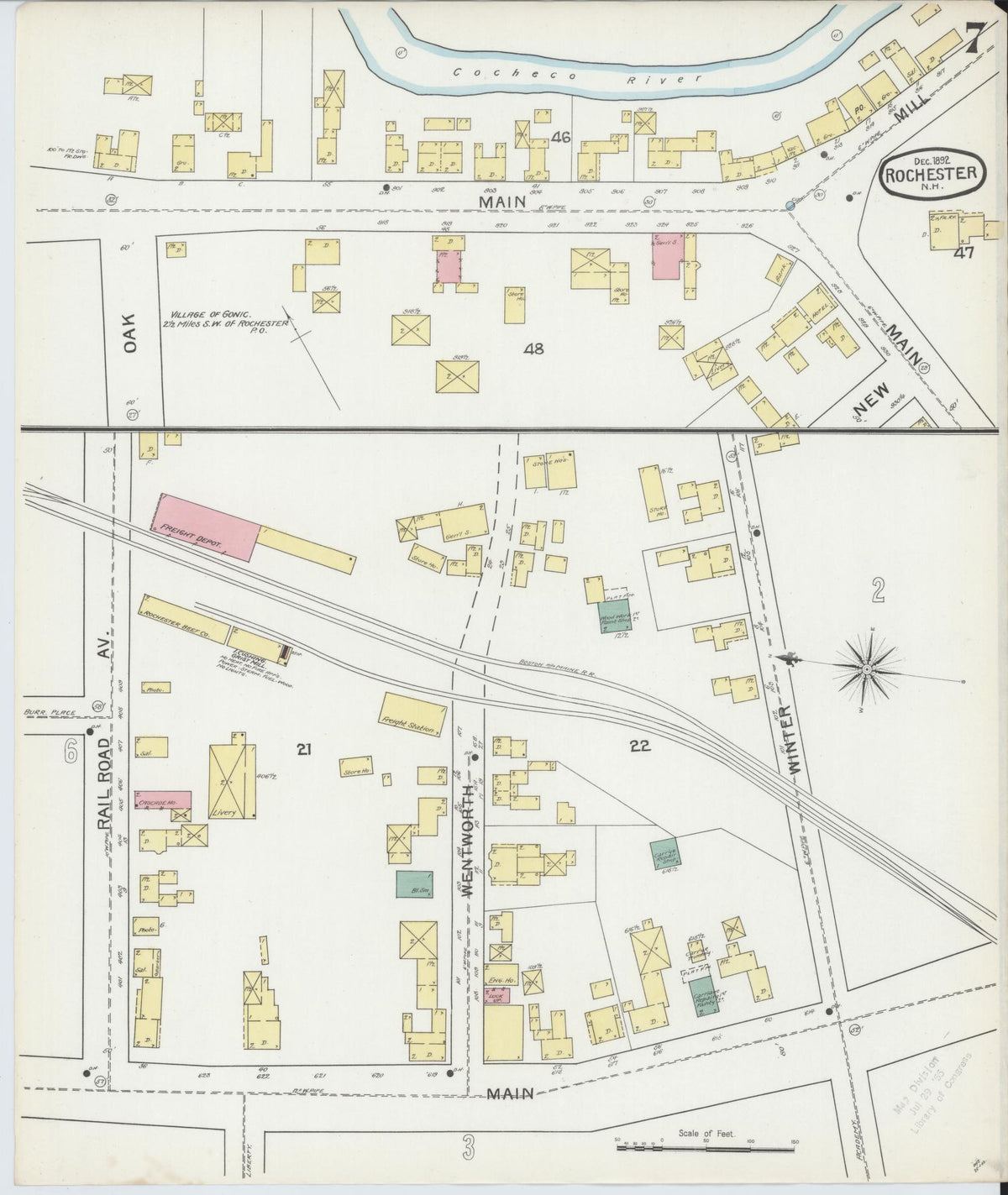 Sanborn Fire Insurance Map from Rochester, Strafford County, New Hampshire (1892), Sheet #0007 - Historic Sanborn Fire Insurance Map Print, vintage old map wall art, antique decor, genealogy gift, New Hampshire New Hampshire map
