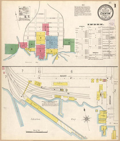 Sanborn Fire Insurance Map from Edenton, Chowan County, North Carolina (1904), Sheet #0001 - Historic Sanborn Fire Insurance Map Print, vintage old map wall art, antique decor, genealogy gift, North Carolina North Carolina map