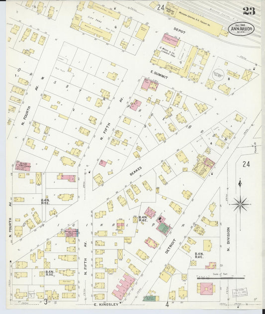 Sanborn Fire Insurance Map from Ann Arbor, Washtenaw County, Michigan (1908), Sheet #0023 - Historic Sanborn Fire Insurance Map Print, vintage old map wall art, antique decor, genealogy gift, Michigan Michigan map