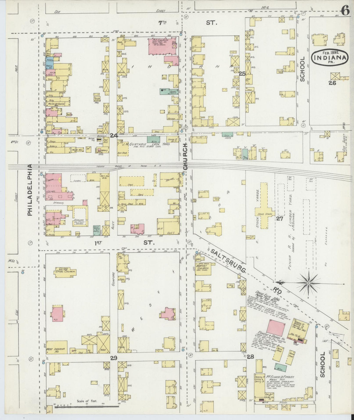 Sanborn Fire Insurance Map from Indiana, Indiana County, Pennsylvania (1892), Sheet #0006 - Historic Sanborn Fire Insurance Map Print, vintage old map wall art, antique decor, genealogy gift, Pennsylvania Pennsylvania map