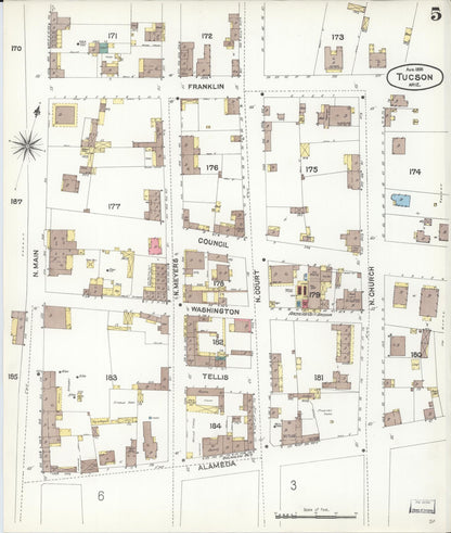Sanborn Fire Insurance Map from Tucson, Pima County, Arizona (1896), Sheet #0005 - Complete Map Set gallery image, historic Sanborn map, vintage wall art, Arizona Arizona