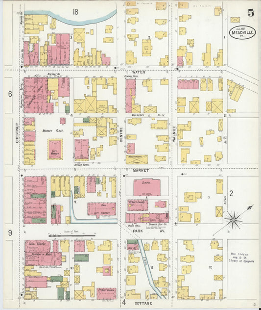 Sanborn Fire Insurance Map from Meadville, Crawford County, Pennsylvania (1901), Sheet #0005 - Historic Sanborn Fire Insurance Map Print, vintage old map wall art, antique decor, genealogy gift, Pennsylvania Pennsylvania map