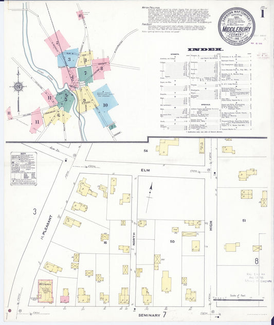 Sanborn Fire Insurance Map from Middlebury, Addison County, Vermont (1910), Sheet #0001 - Historic Sanborn Fire Insurance Map Print, vintage old map wall art, antique decor, genealogy gift, Vermont Vermont map