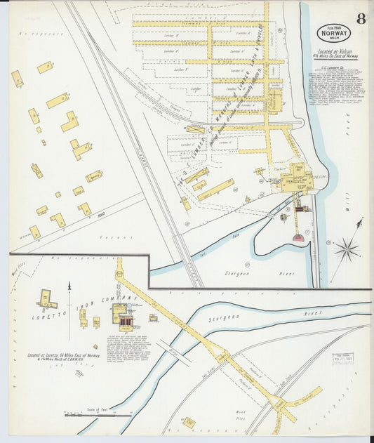Sanborn Fire Insurance Map from Norway, Dickinson County, Michigan (1900), Sheet #0008 - Historic Sanborn Fire Insurance Map Print, vintage old map wall art, antique decor, genealogy gift, Michigan Michigan map