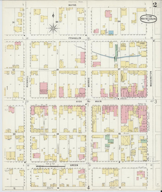 Sanborn Fire Insurance Map from Waynesburg, Greene County, Pennsylvania (1896), Sheet #0002 - Historic Sanborn Fire Insurance Map Print, vintage old map wall art, antique decor, genealogy gift, Pennsylvania Pennsylvania map