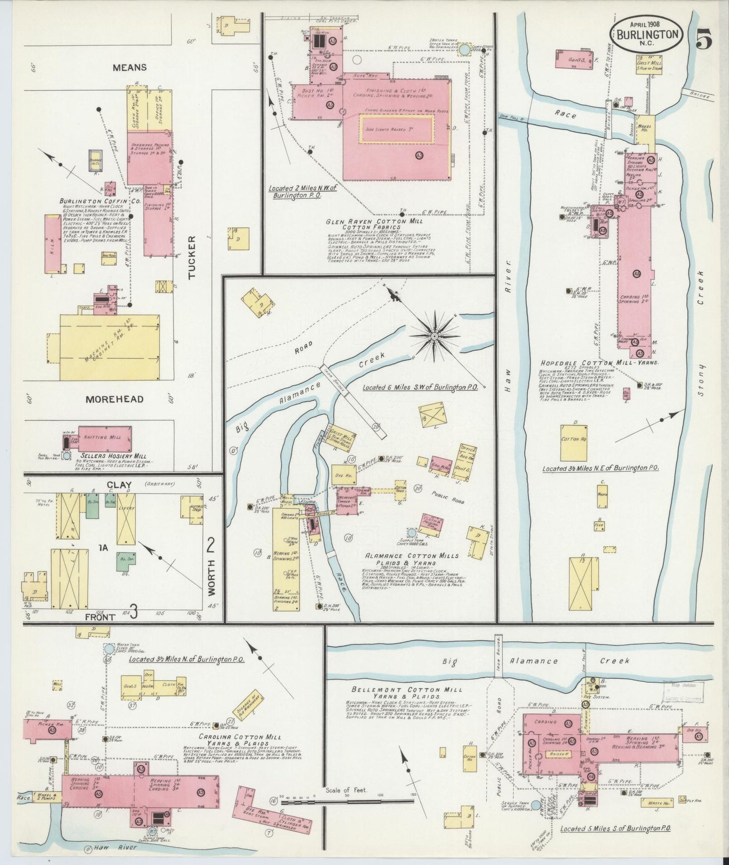 Sanborn Fire Insurance Map from Burlington, Alamance County, North Carolina (1908), Sheet #0005 - Complete Map Set gallery image, historic Sanborn map, vintage wall art, North Carolina North Carolina