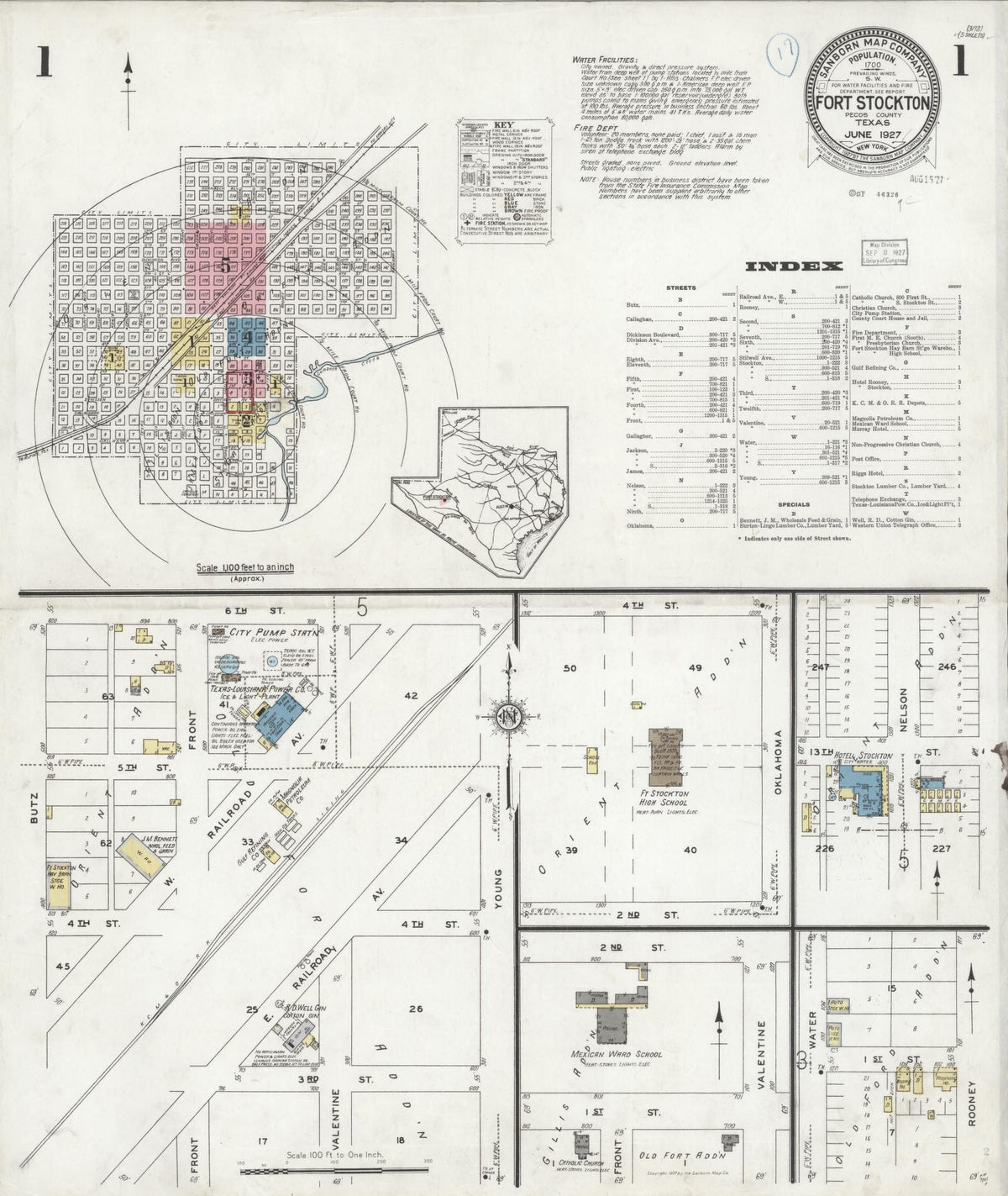 Sanborn Fire Insurance Map from Fort Stockton, Pecos County, Texas (1927), Sheet #0001 - Complete Map Set gallery image, historic Sanborn map, vintage wall art, Texas Texas