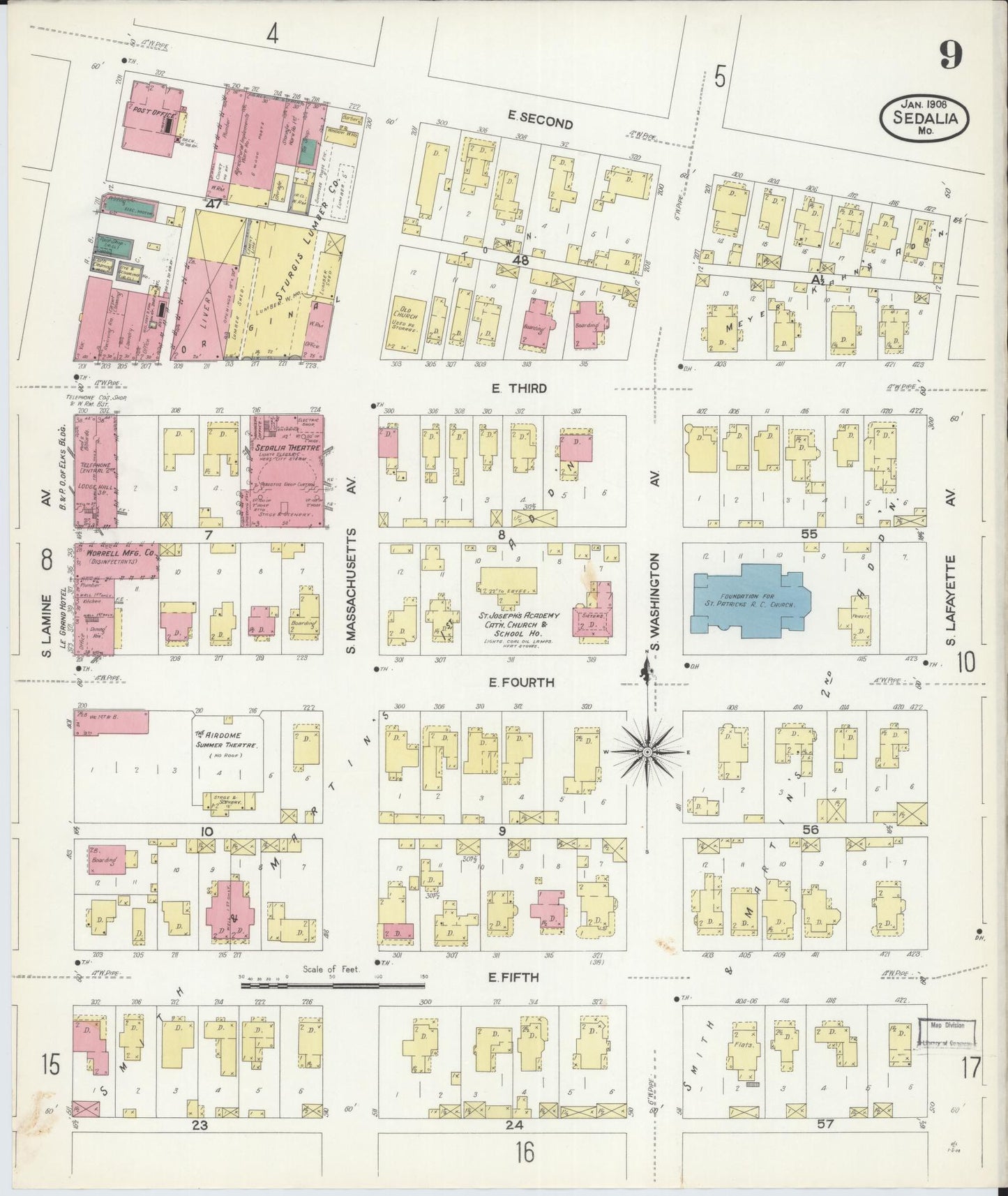Sanborn Fire Insurance Map from Sedalia, Pettis County, Missouri (1908), Sheet #0009 - Complete Map Set gallery image, historic Sanborn map, vintage wall art, Missouri Missouri