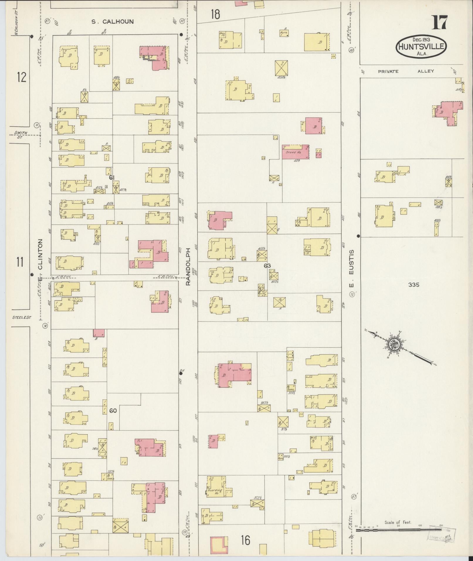 Sanborn Fire Insurance Map from Huntsville, Madison County, Alabama (1913), Sheet #0017 - Complete Map Set gallery image, historic Sanborn map, vintage wall art, Alabama Alabama