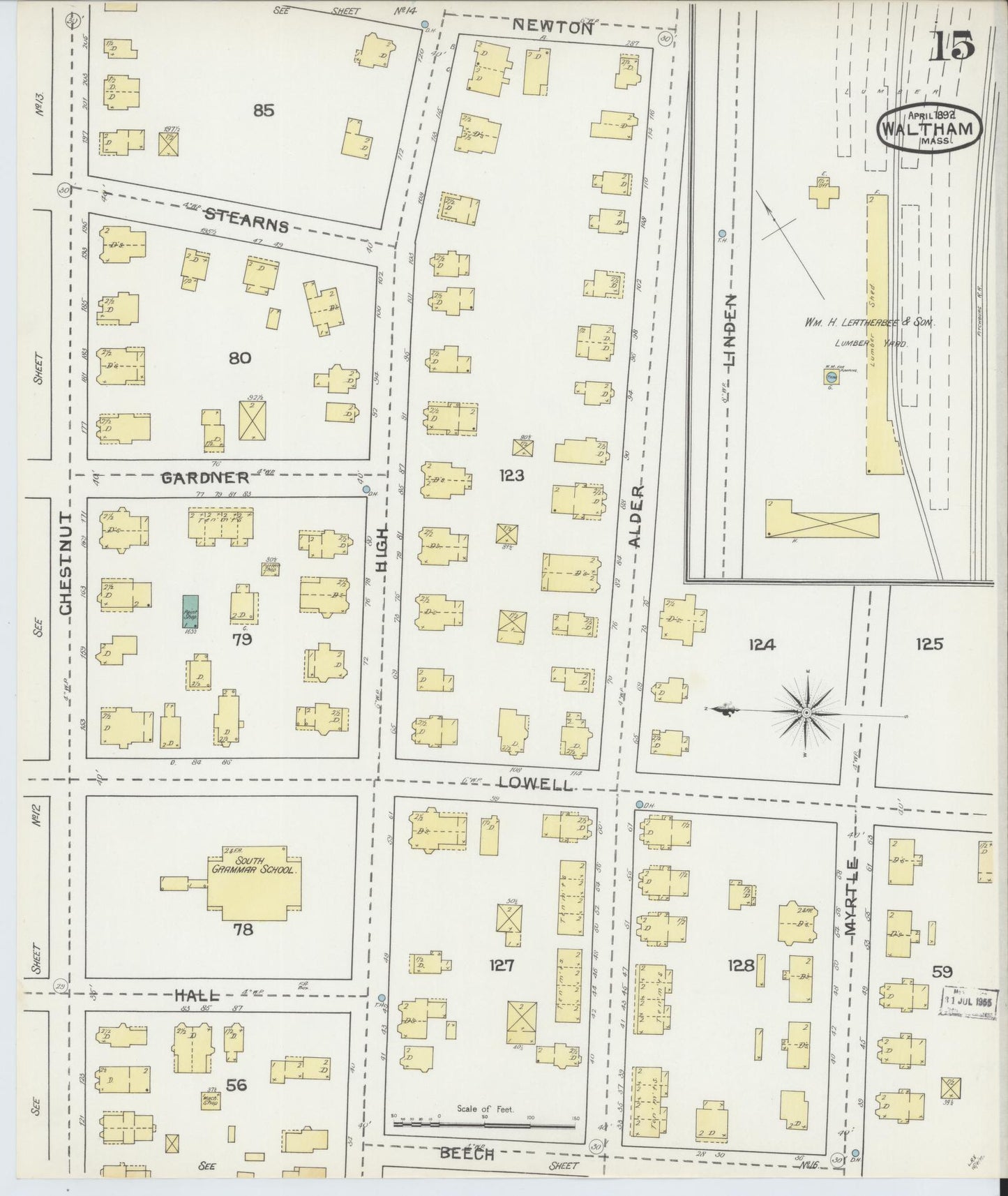 Sanborn Fire Insurance Map from Waltham, Middlesex County, Massachusetts (1892), Sheet #0015 - Complete Map Set gallery image, historic Sanborn map, vintage wall art, Massachusetts Massachusetts
