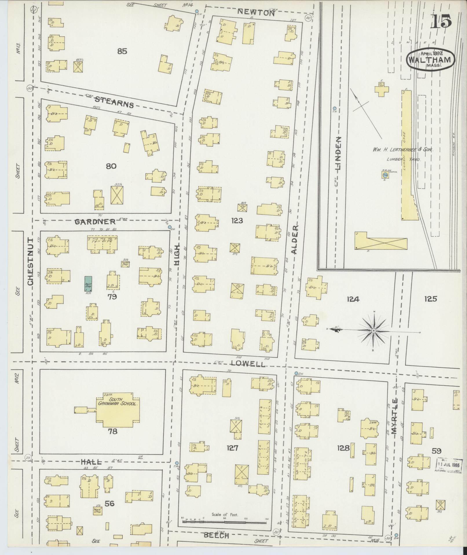 Sanborn Fire Insurance Map from Waltham, Middlesex County, Massachusetts (1892), Sheet #0015 - Complete Map Set gallery image, historic Sanborn map, vintage wall art, Massachusetts Massachusetts
