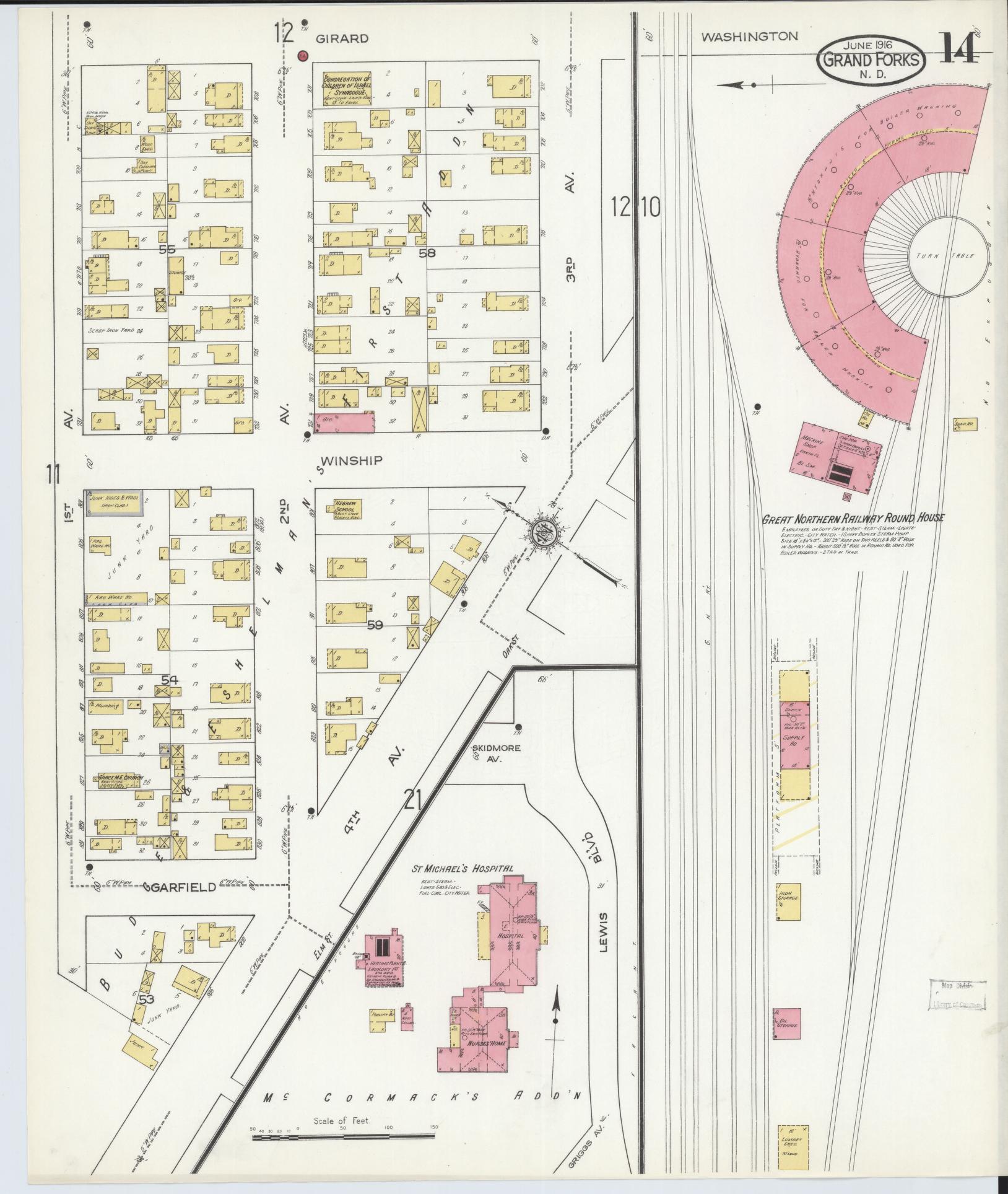 Sanborn Fire Insurance Map from Grand Forks, Grand Forks County, North Dakota (1916), Sheet #0014 - Historic Sanborn Fire Insurance Map Print, vintage old map wall art, antique decor, genealogy gift, North Dakota North Dakota map