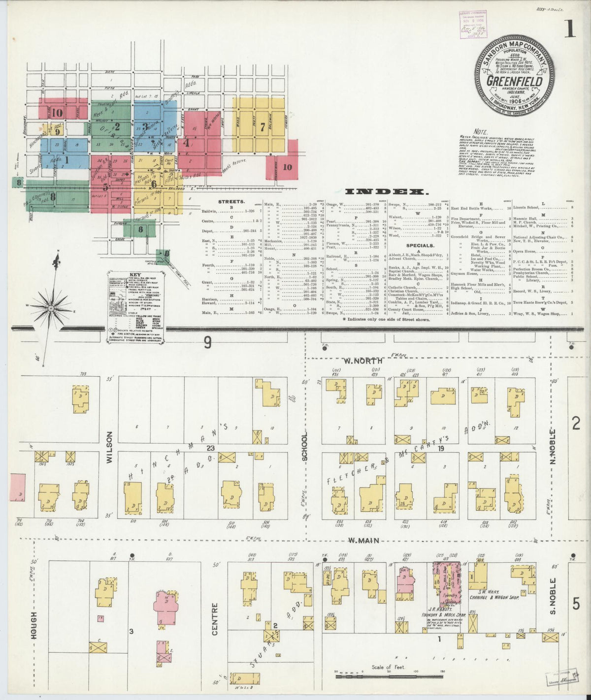 Sanborn Fire Insurance Map from Greenfield, Hancock County, Indiana (1906), Sheet #0001 - Historic Sanborn Fire Insurance Map Print, vintage old map wall art, antique decor, genealogy gift, Indiana Indiana map