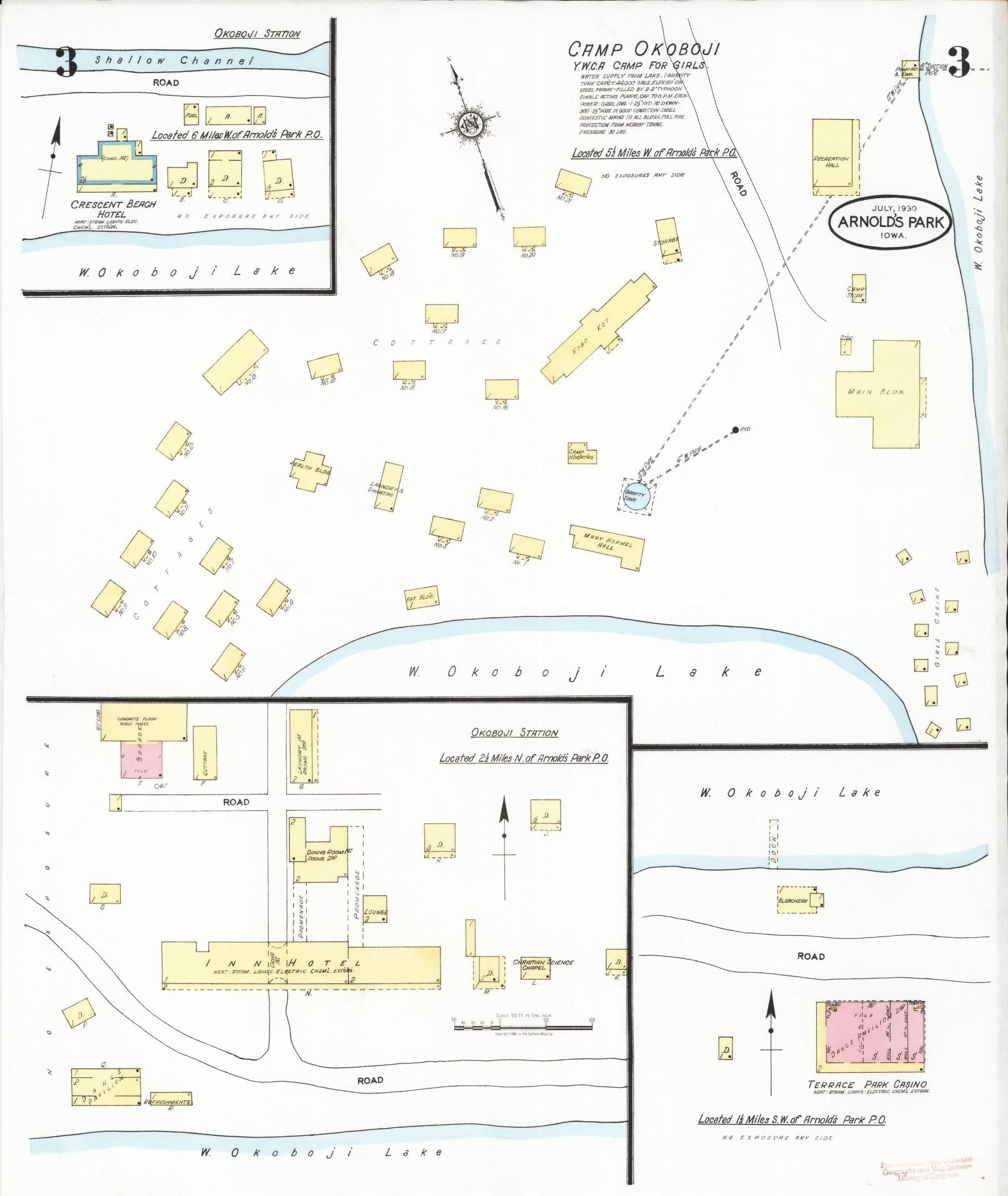 Sanborn Fire Insurance Map from Arnold's Park, Dickinson County, Iowa (1930), Sheet #0003 - Historic Sanborn Fire Insurance Map Print, vintage old map wall art