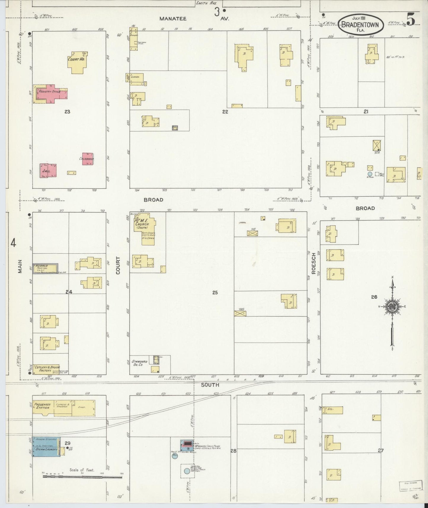 Sanborn Fire Insurance Map from Bradentown, Manatee County, Florida (1911), Sheet #0005 - Complete Map Set gallery image, historic Sanborn map, vintage wall art, Florida Florida