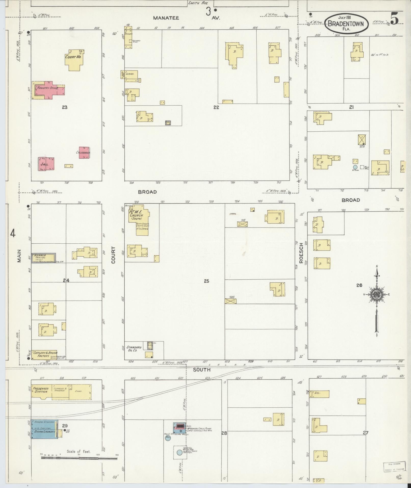 Sanborn Fire Insurance Map from Bradentown, Manatee County, Florida (1911), Sheet #0005 - Complete Map Set gallery image, historic Sanborn map, vintage wall art, Florida Florida