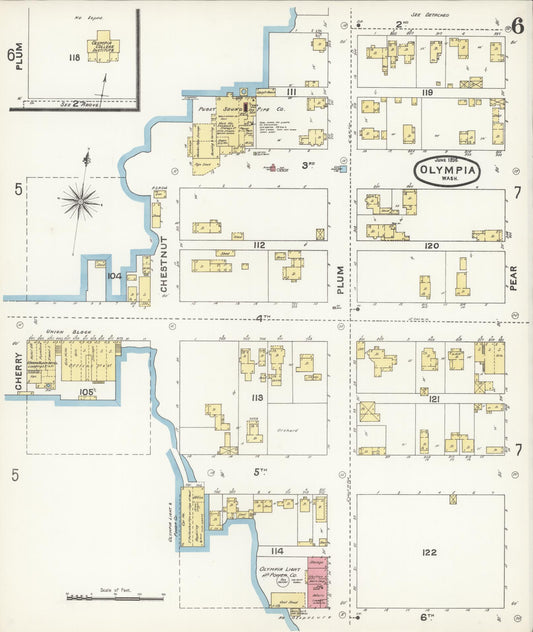 Sanborn Fire Insurance Map from Olympia, Thurston County, Washington (1896), Sheet #0006 - Historic Sanborn Fire Insurance Map Print, vintage old map wall art, antique decor, genealogy gift, Washington Washington map