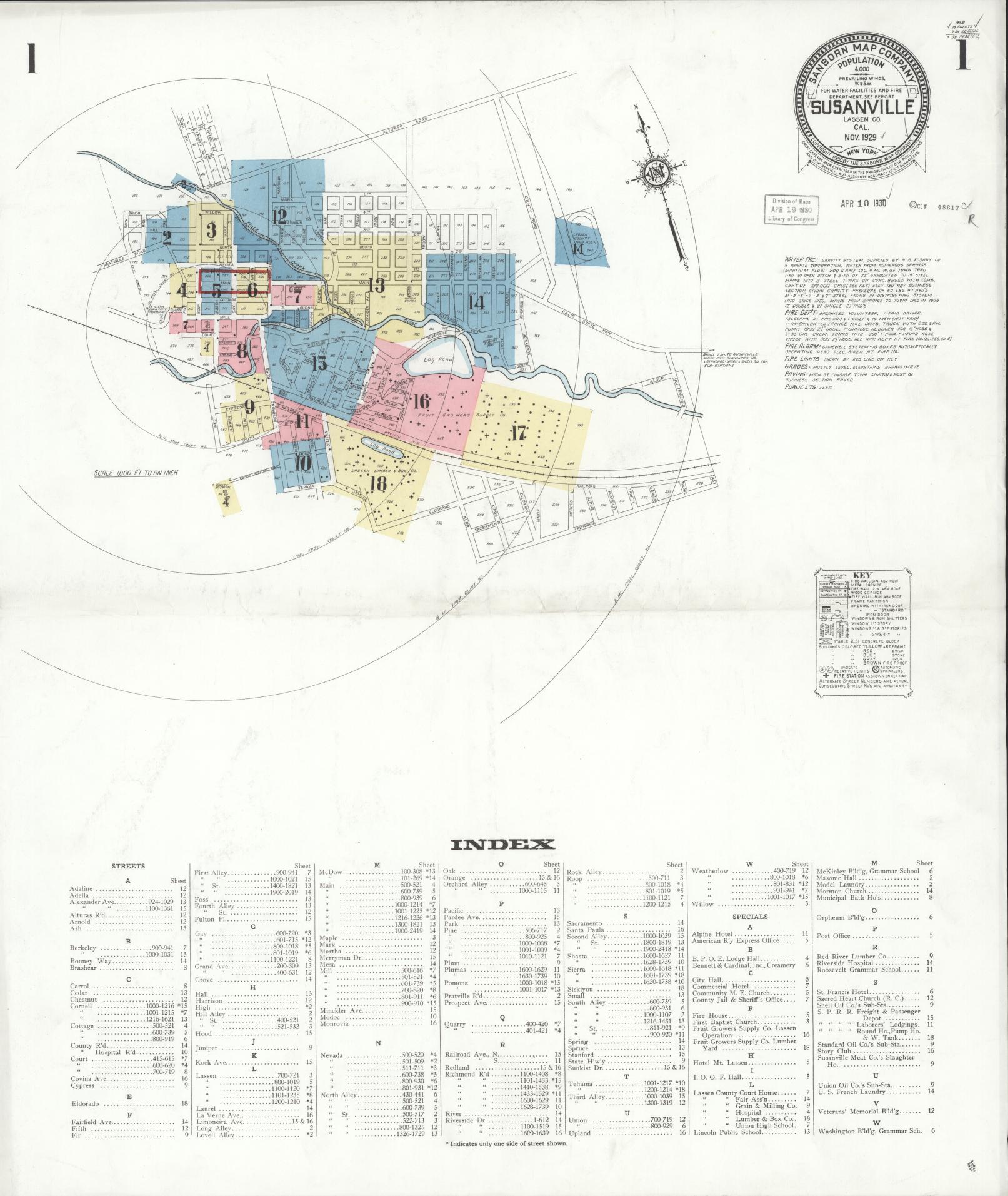Sanborn Fire Insurance Map from Susanville, Lassen County, California (1929), Sheet #0001 - Complete Map Set gallery image, historic Sanborn map, vintage wall art, California California