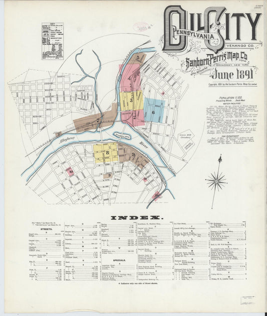 Sanborn Fire Insurance Map from Oil City, Venango County, Pennsylvania (1891), Sheet #0001 - Historic Sanborn Fire Insurance Map Print, vintage old map wall art, antique decor, genealogy gift, Pennsylvania Pennsylvania map