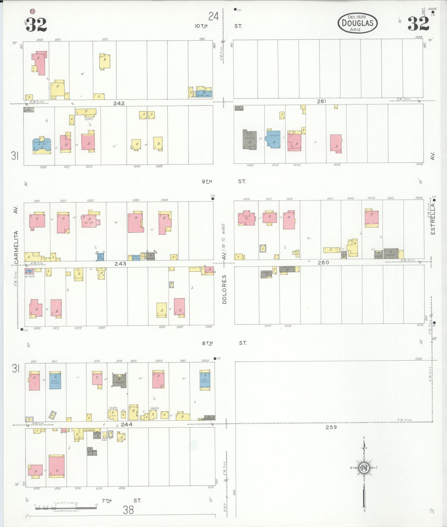 Sanborn Fire Insurance Map from Douglas, Cochise County, Arizona (1929), Sheet #0032 - Complete Map Set gallery image, historic Sanborn map, vintage wall art, Arizona Arizona