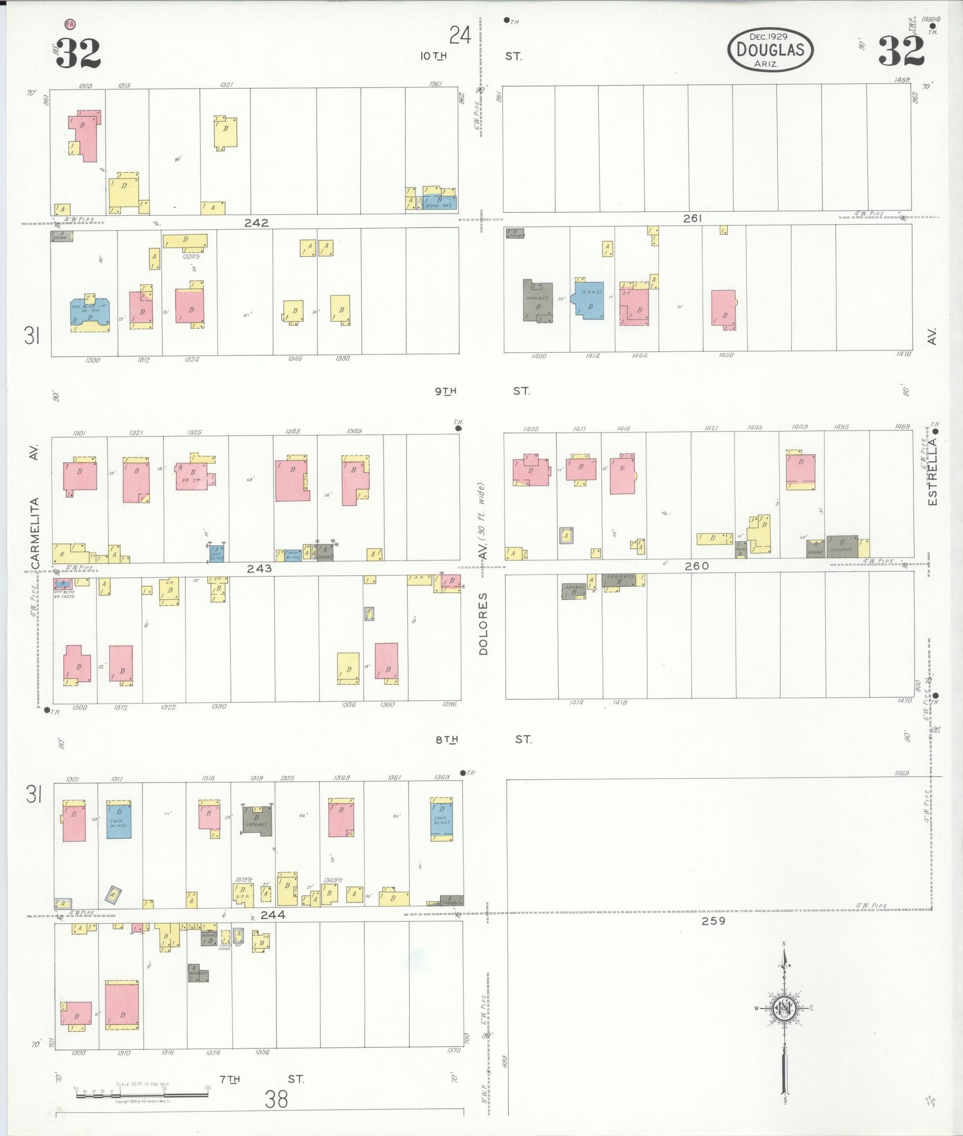 Sanborn Fire Insurance Map from Douglas, Cochise County, Arizona (1929), Sheet #0032 - Complete Map Set gallery image, historic Sanborn map, vintage wall art, Arizona Arizona