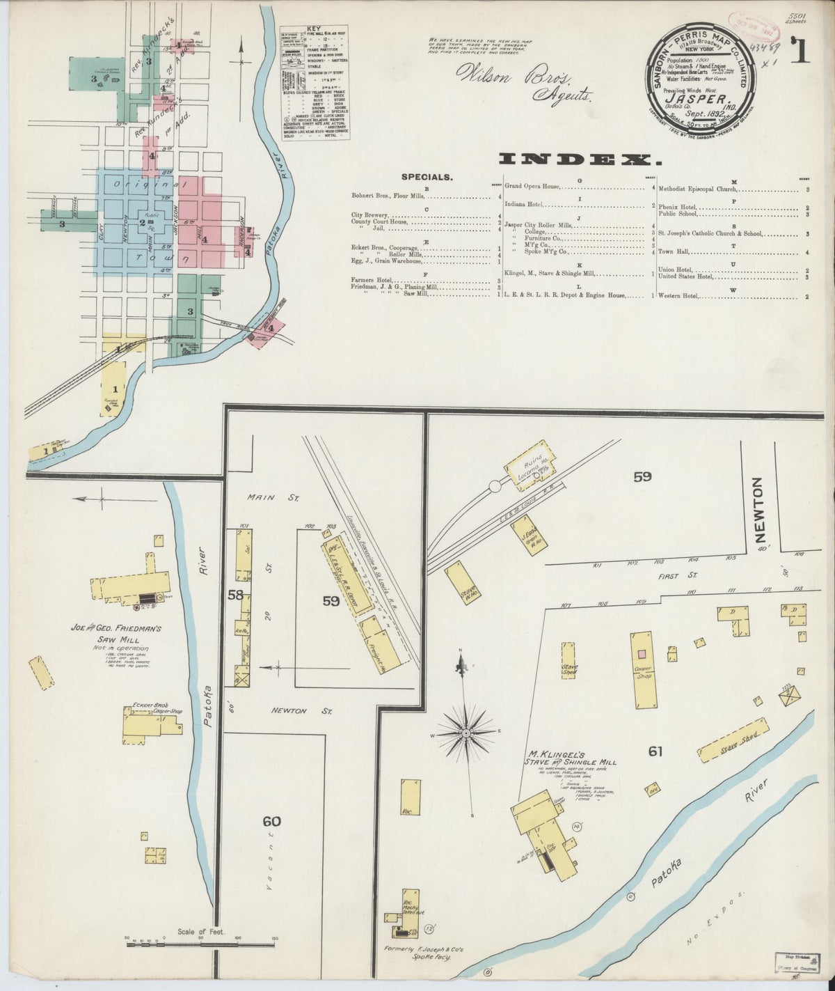Sanborn Fire Insurance Map from Jasper, Dubois County, Indiana (1892), Sheet #0001 - Historic Sanborn Fire Insurance Map Print, vintage old map wall art, antique decor, genealogy gift, Indiana Indiana map