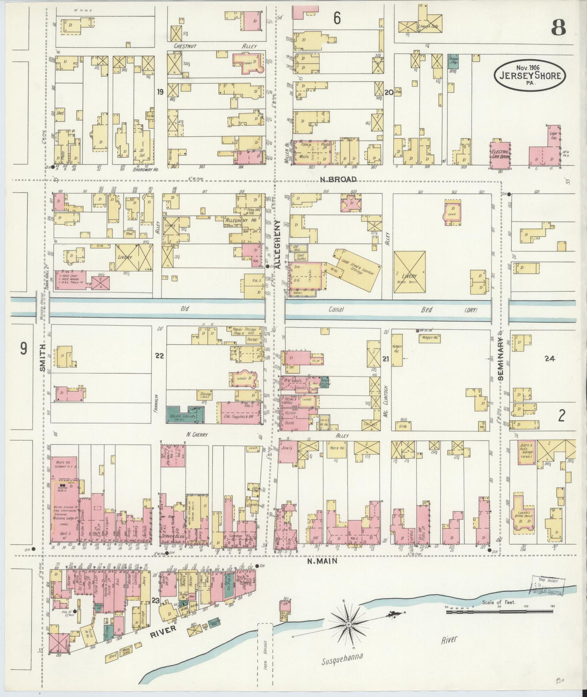 Sanborn Fire Insurance Map from Jersey Shore, Lycoming County, Pennsylvania (1906), Sheet #0008 - Historic Sanborn Fire Insurance Map Print, vintage old map wall art, antique decor, genealogy gift, Pennsylvania Pennsylvania map