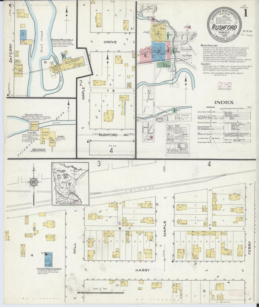 Sanborn Fire Insurance Map from Rushford, Fillmore County, Minnesota (1915), Sheet #0001 - Historic Sanborn Fire Insurance Map Print, vintage old map wall art, antique decor, genealogy gift, Minnesota Minnesota map